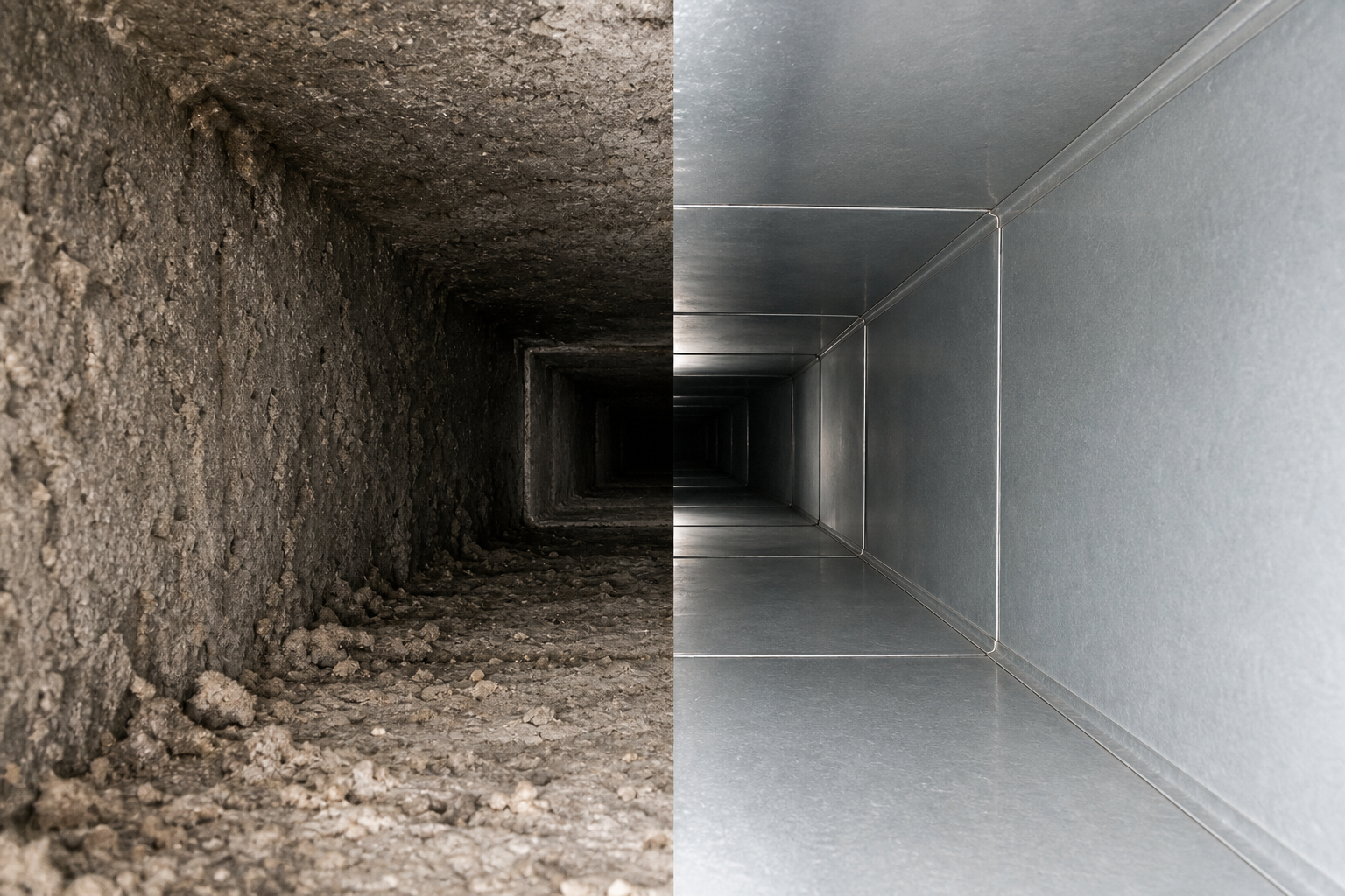Dirty air duct before cleaning and clean metal duct after cleaning